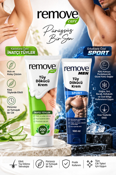 remove Tüy Dökücü Krem İnatçı Tüyler 200 ml + Tüy Dökücü Krem Men Sport 100 ml