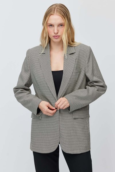 PAULMARK Kadın Kazayağı Desenli Klasik Kesim Blazer Ceket