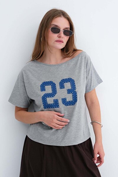 Addax Kayık Neckline Printed T-Shirt P10756