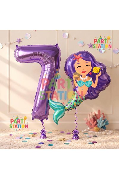 Parti Station بالون حورية البحر لعيد الميلاد السابع، وبالون رقم بنفسجي، مجموع...