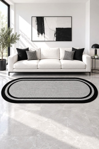 Zeria Home Dijital Kaymaz Yıkanabilir Jüt Hasır Görünümlü Oval Siyah Çerçevel...