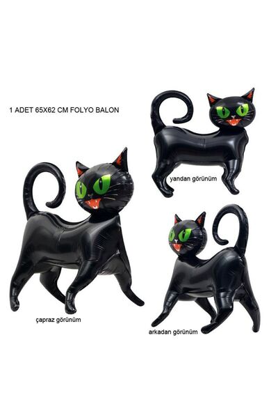 partidolu Halloween Ayakta Siyah Renk Kedi Şekilli Folyo Balon 65x62 cm