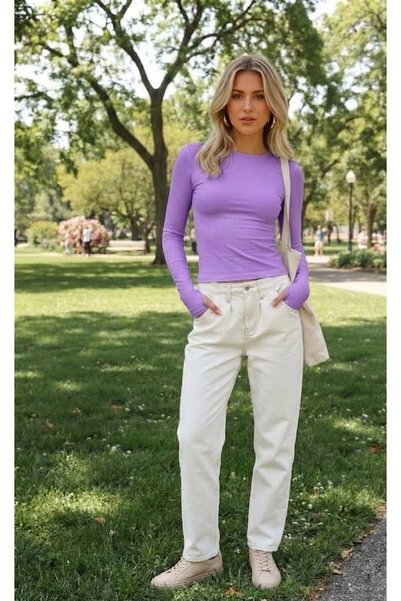 LADY HAZAL Lila Darkalıp/slimfit Soft Touch Ribana Kumaş Yuvarlak Yaka Parmak...