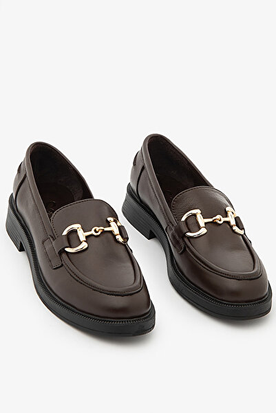 SAYL Brown Genuine Leather Women's Loafer Shoes with Chain Buckle