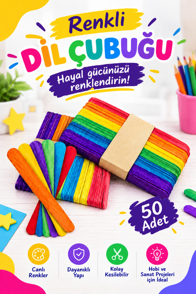 50 Adet, Renkli Dil Çubuğu, Dar, Doktor Çubuğu, Dondurma Çubuğu, Dilbas