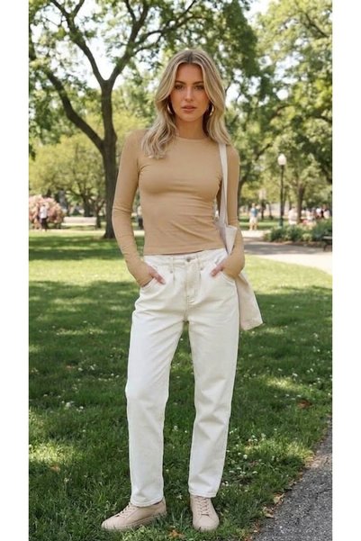 LADY HAZAL Beige Round Neck Blouse Boy Body Darkalıp Soft Touch Cotton Ribbed...