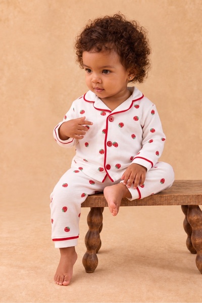 Rocha Baby Rocha Bebek Çilek Baskılı 2'li Pijama Takımı - Düğmeli Pamuklu Beb...