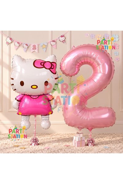 Parti Station 2 Year Old Hello Kitty Balloon and Pink Number Birthday Party Set