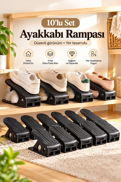 Porsima Org -201 10 lu Ayarlanabilir Ayakkabı Rampası - Ayakkabı Dolap İçi Düzenleyici Organizer- Siyah