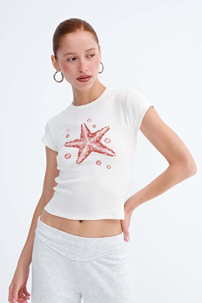 Addax Starfish Printed Stoned T-Shirt P9048