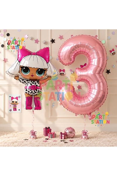Parti Station Diva LOL Baby 3 Years Old Balloon and Pink Number Balloon Birth...