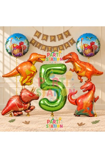 Parti Station Jungle Theme Dinosaur Concept Green Number Balloon 5 Year Old G...