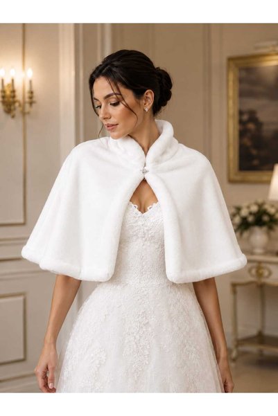 Sed da Exclusive Collared Long Brooch Fur Stole Bridal Bolero Shawl Invitation Poncho Jacket Off-White