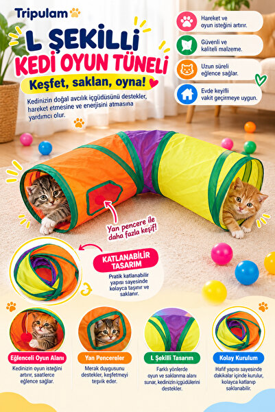 TRİPULAM L-Model Katlanabilir Gökkuşağı Kedi Oyun Tüneli – Köşe Yapılı, Eğlen...