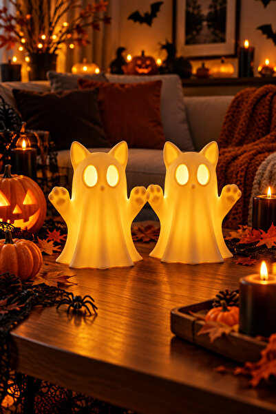 Qatman3d Hallowen Özel 2li Kedi Gece Lambası LED Tealight Mumluk Dekoratif Ev...