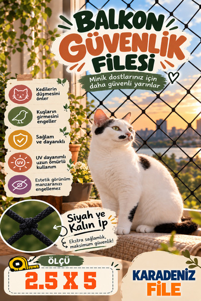 Balkon Filesi (KALIN - SİYAH) 2.5 X 5 (kuş Filesi, Kedi Filesi, Kuş Ağı, Kuş Önleme Filesi)