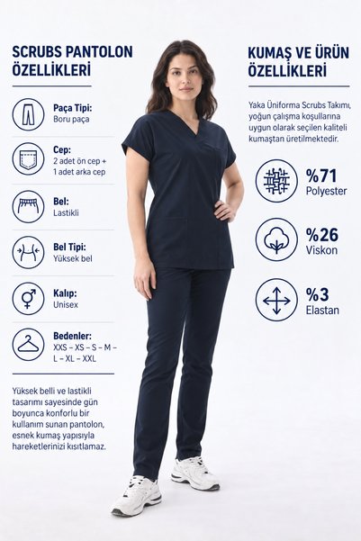 YAKA UNİFORM Classic - Lacivert Likralı Üniforma Takım Scrubs