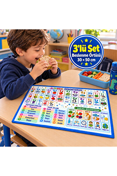 GÖKOVA HOME Set of 3 Educational Printed Lunch Mats 30 X 50 Cm, for School an...