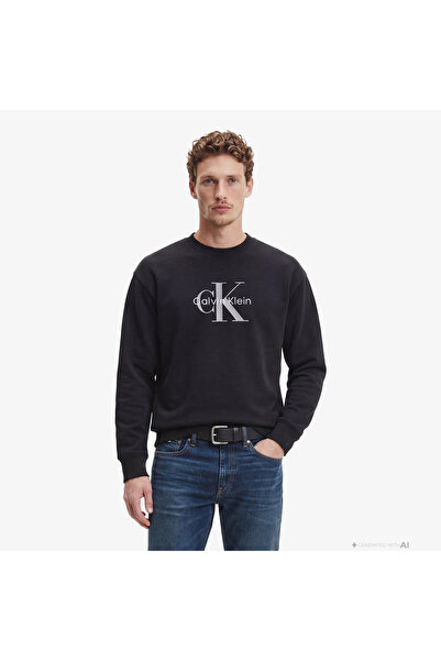 Calvin Klein Erkek Bisiklet Yaka Büyük CK Desen Uzun Kol Pamuklu Regular Fit ...