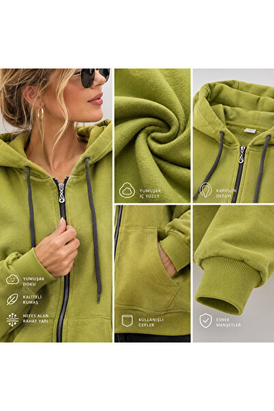 BYSEN Olive Mist Kapüşonlu Fermuarlı Sweatshirt Yumuşak Kalın Doku Unisex İçi Pamuklu