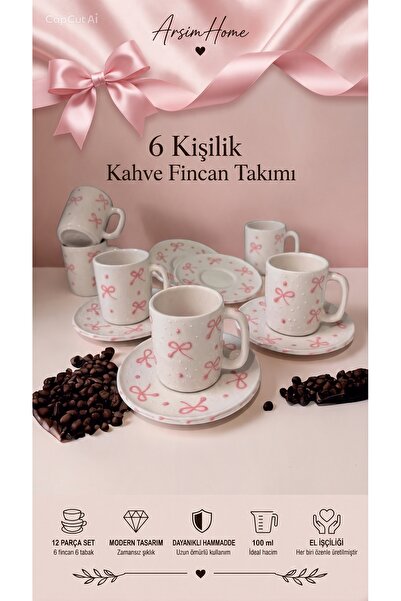 arsimhome Özel Tasarım El Yapımı Kurdele Desenli Fincan Takımı 12 parça