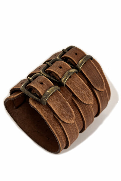 NARKİSSOS Handcrafted Three-Band Distressed Brown Men's Leather Bracelet