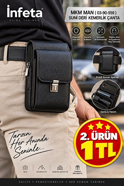 İnfeta Black Faux Leather Men's Belt Bag with Zipper and Multiple Compartment...