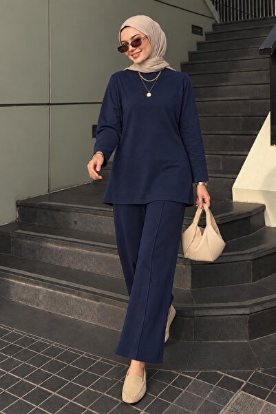 AFVENTE Aden Elastic Waist Modal Two-Piece Suit with Trousers Navy Blue