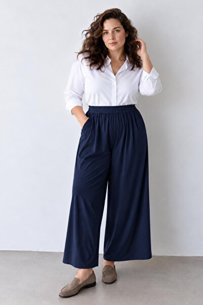 AFVENTE Women's Plus Size High Waist Wide Leg Modal Pants Navy Blue