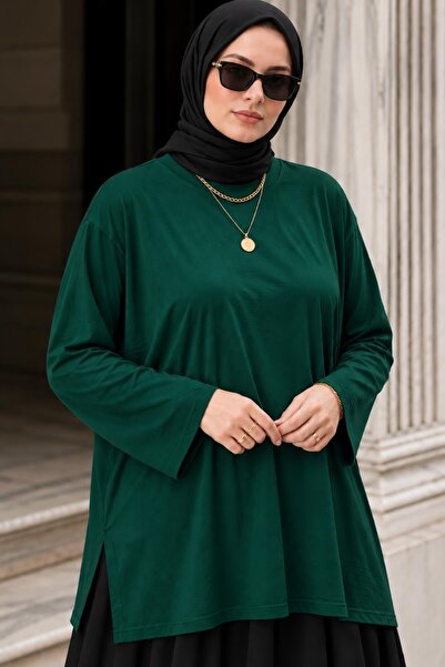 AFVENTE Women's Plus Size Oversize Long Sleeve Combed Cotton Blouse Emerald