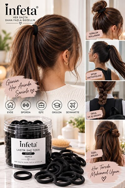 İnfeta Black Rubber Hair Ties 100 Pieces Thick Fabric Covered Flexible Hair Rubber Bands
