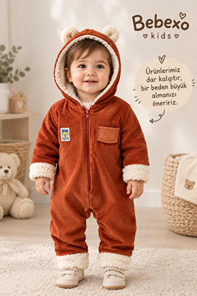 BEBEXO KIDS Unisex İçi Wellsoft Dışı Kadife Kapüşonlu Bebek Astronot Tulum |6...