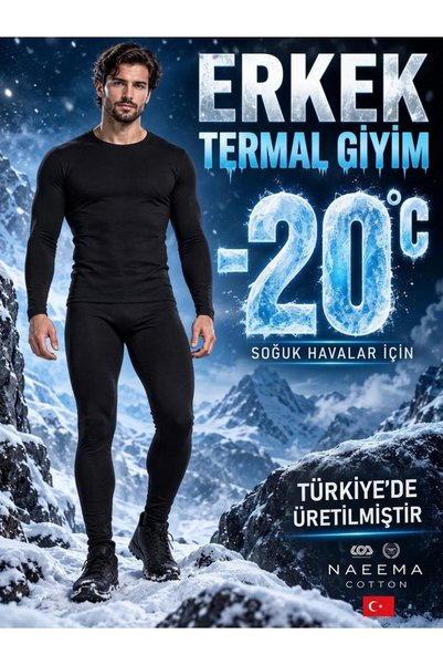 NAEEMA COTTON Erkek Siyah Pamuklu Termal İçlik Takımı Alt Üst takım