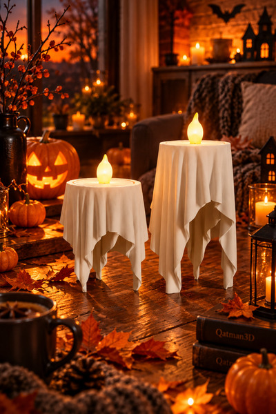 Hallowen Dekoratif Hayalet Masa Mumluğu Tealight Mumluk (2'li Set)