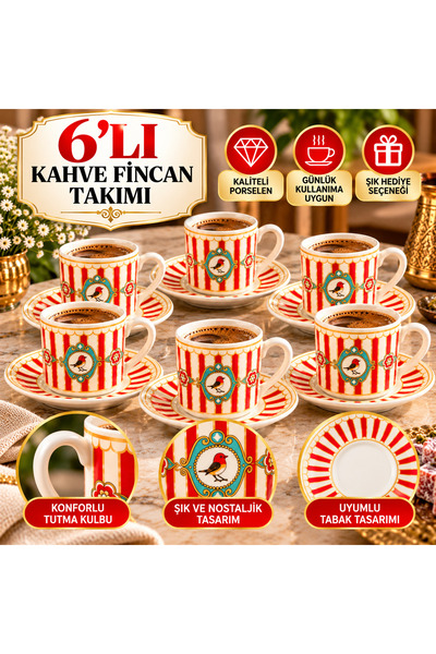 Genel Markalar Çizgili Kuş Desenli Türk Kahvesi Fincan Takımı