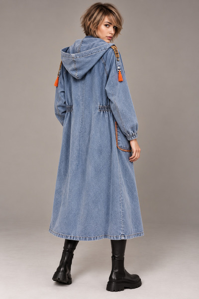 Boutique Juji BOHEM TASARIM İŞLEMELİ KAPÜŞONLU DENİM MAVİ TRENÇKOT