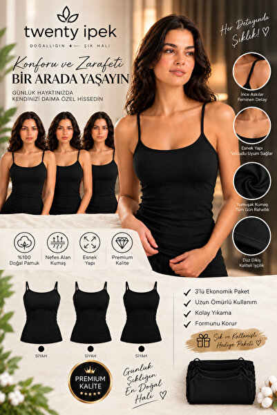 twenty ipek Kadın 3'lü Ekonomik Paket İp Askılı Basic Pamuklu Atlet