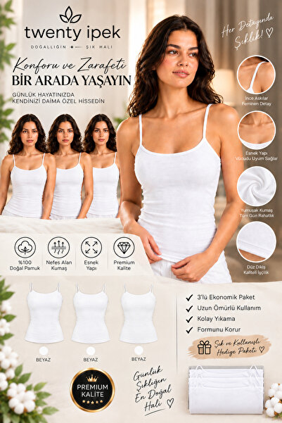 twenty ipek Kadın 3’lü İp Askılı Atlet Seti Beyaz Rengi Basic İç Giyim