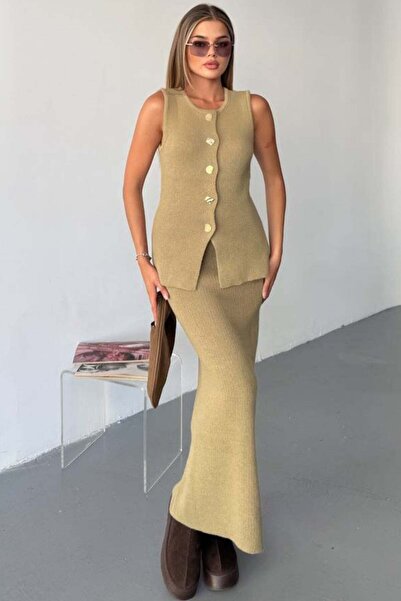 KECHİ WOMAN Gold Aksesuarlı Etekli Triko Takım — Haki