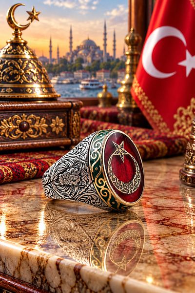 Siset Gümüş 925 Ayar Kırmızı Mine Üzerine Aslan Figürlü Ay Yıldızlı Erkek Güm...