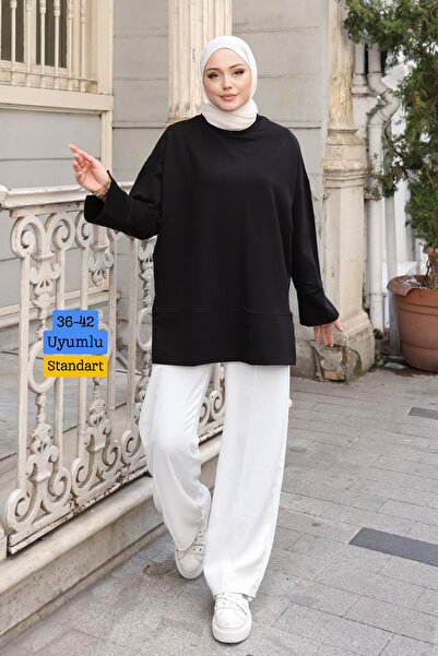 Mogi Butik Women's Crew Neck Sleeve Slit 2 Thread Combed Cotton Basic Tunic 3...
