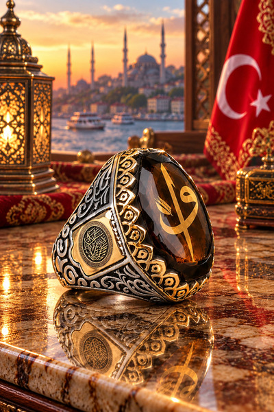 Siset Gümüş 925 Ayar Kehribar Taşlı Elif Vav Figürlü Erkek Gümüş Yüzük