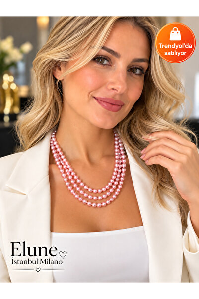 ELUNE İSTANBUL & Milano 💗 Üç Sıralı Pembe İnci Görünümlü Kolye – Klasik ve Z...