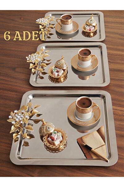 Elzemm store PASLANMAZ ÇELİK PAPATYA TAŞLI 6 ADET KARE  MODEL SUNUM TEPSİSİ