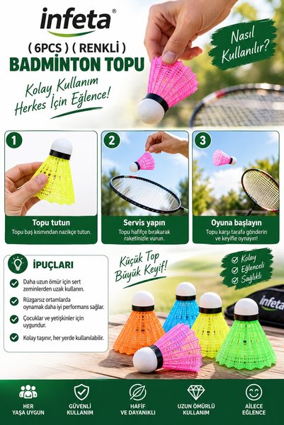 İnfeta 6-Piece Colorful Badminton Ball Set with Plastic Body and Cork Head in Tube Box