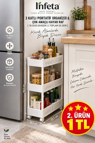İnfeta Beyaz 3 Katlı Dolap İçi Organizer Kayar Raf 33,5x43x55,5 cm Çok Amaçlı...