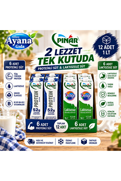 Pınar 1lt Proteinli Süt ve 1lt Laktozsuz Süt 12 Adet