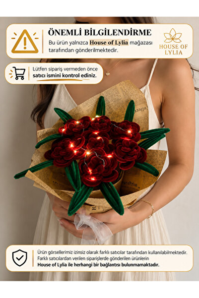 House Of Lylia Bordo kadife gül ve yeşil yaprak detaylı, led ışıklandırmalı, ...