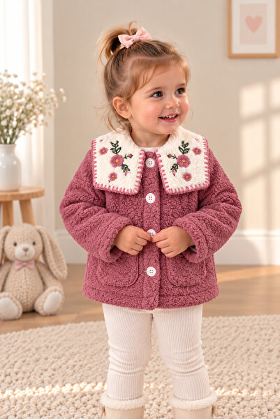 PonçiKids Kız Çocuk Çiçek Yakalı Peluş Mont – Çiçek Nakışlı Yumuşak Kışlık Ceket