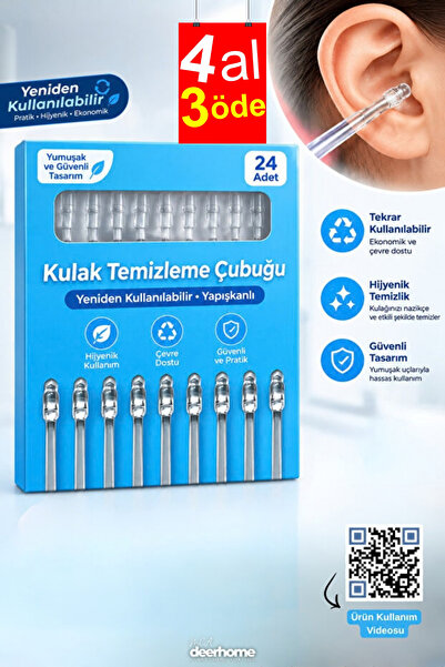 MCA Deerhome Yapışkan Silikon Uçlu Kulak Temizleme Çubuğu 24'lü Yıkanabilir T...